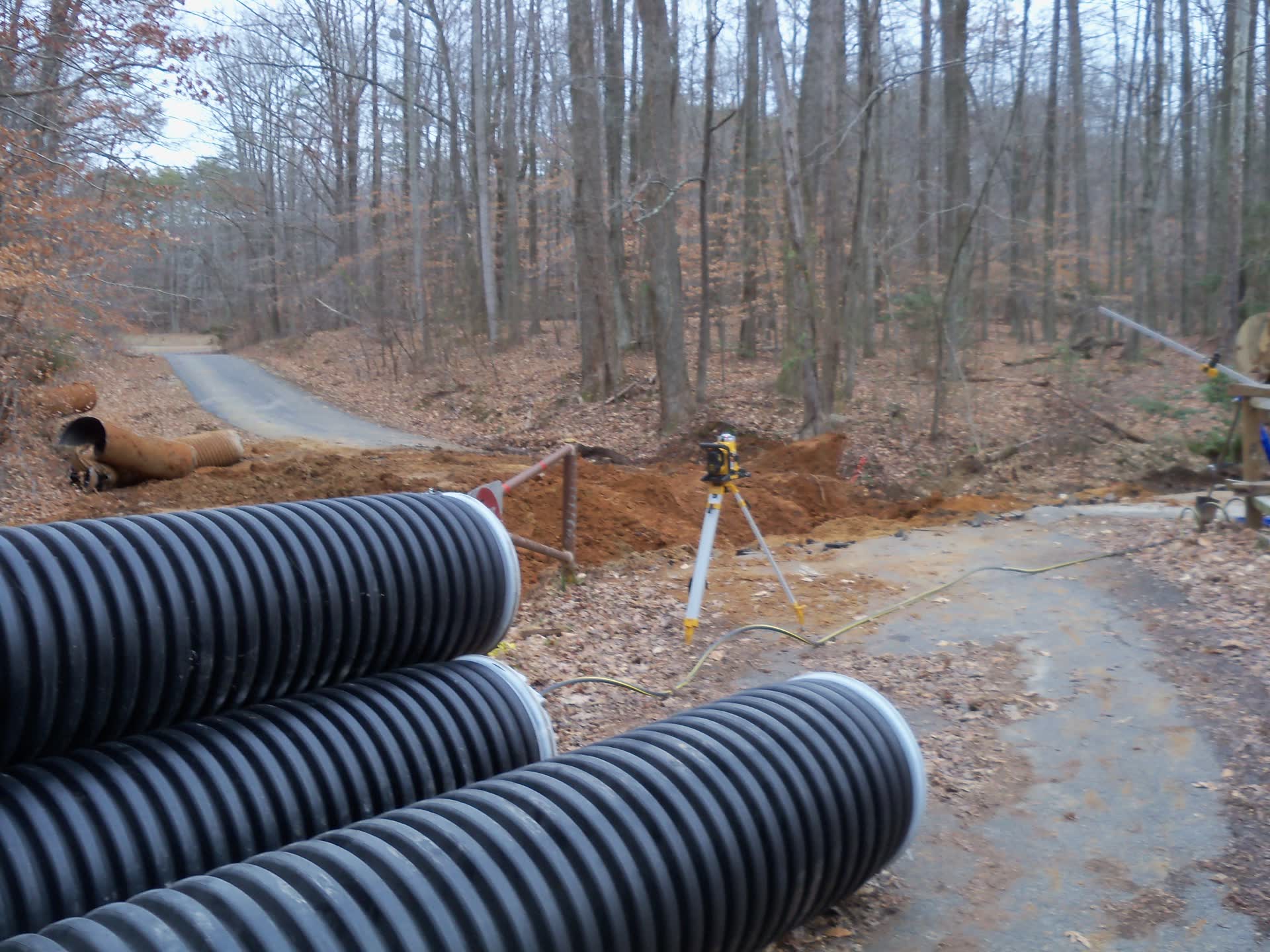 Drainage pipe staged for installation